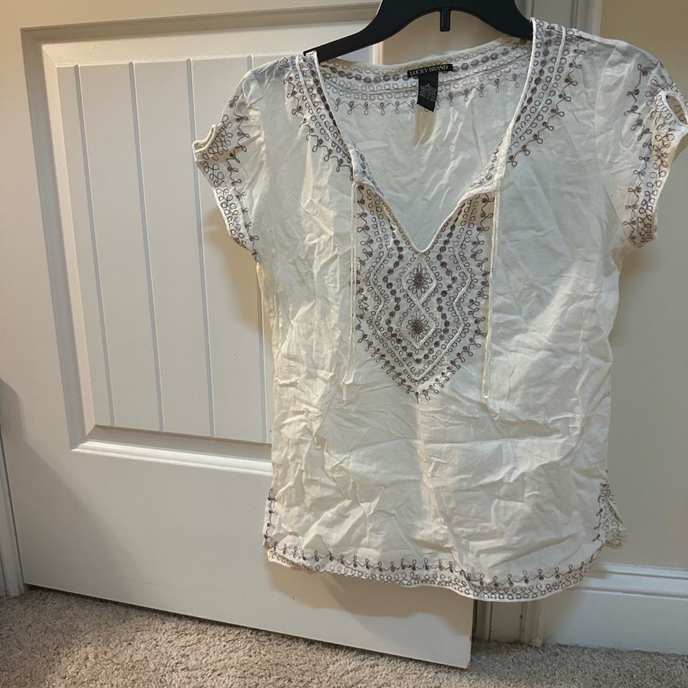 Lucky Brand White Embroidered V-Neck Peasant Blouse